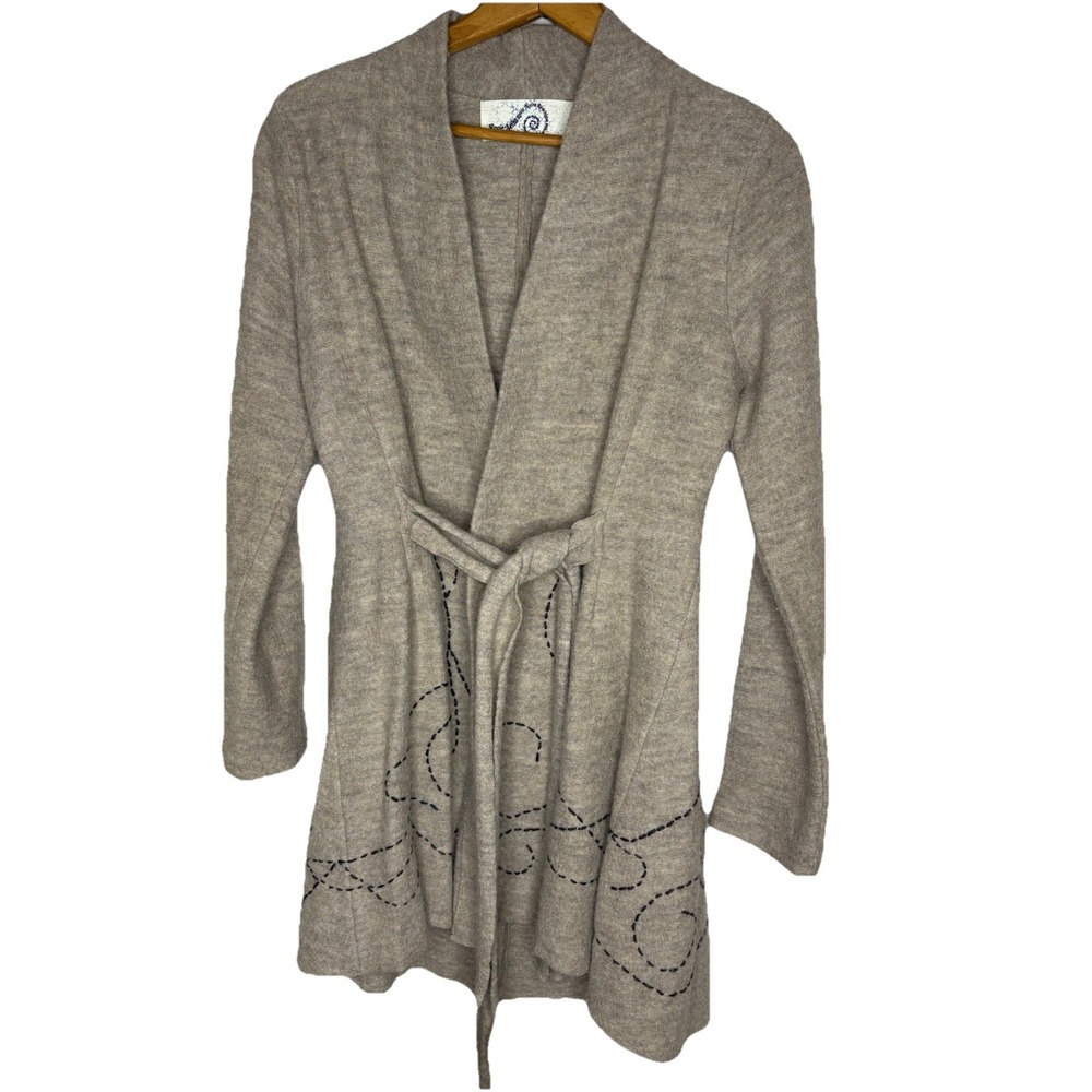 Anthropologie Rosie Neira Sweater Women's  XS 100% Tan Wool Cardigan Embroidered